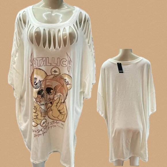 Metallica +5 Cream Slashed Neck Skull Short Straw Band Graphic Short Sleeve Tee - Picture 1 of 6